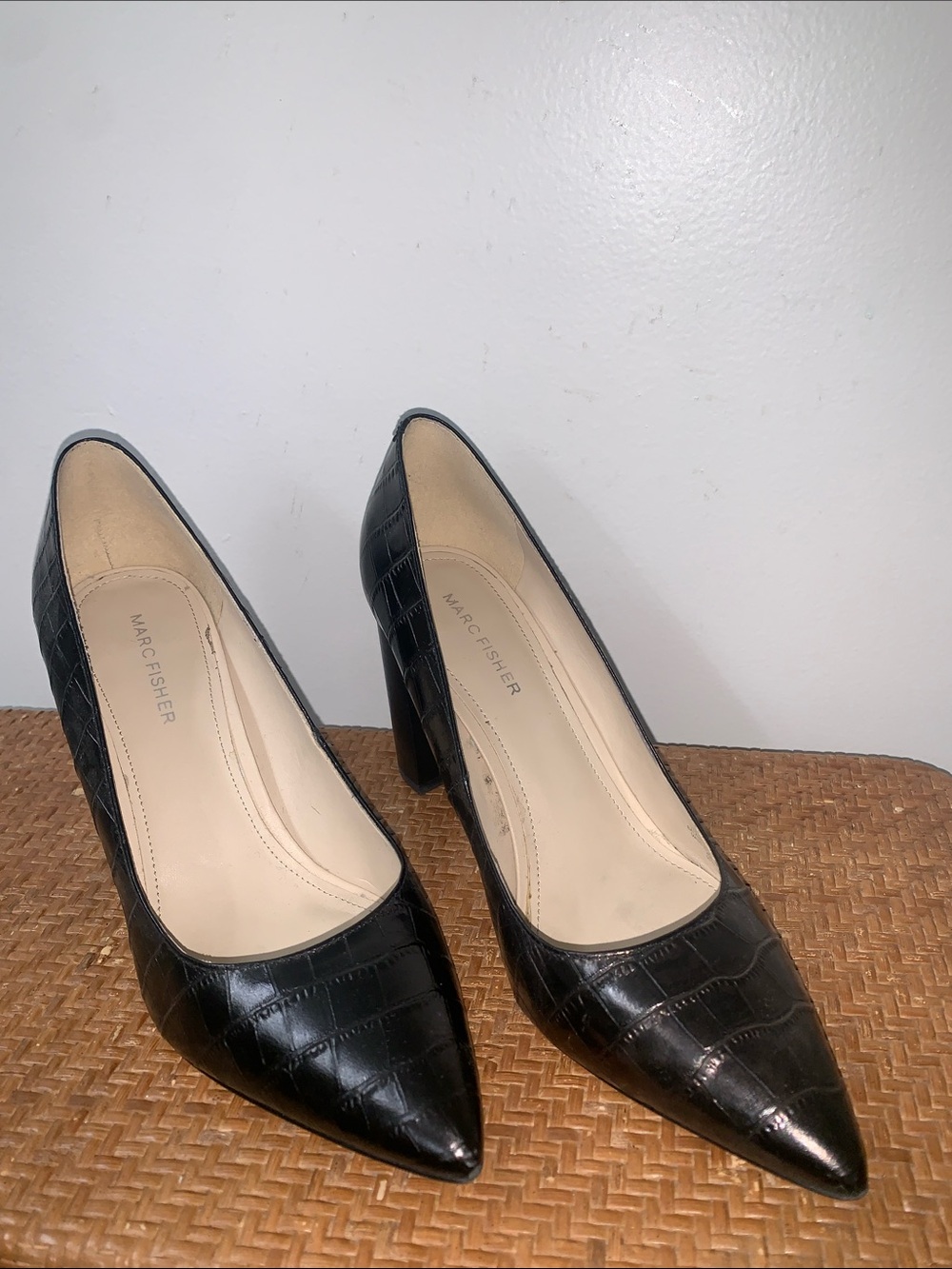 Marc Fisher Black Croc-Embossed Pointed Toe Block Heels